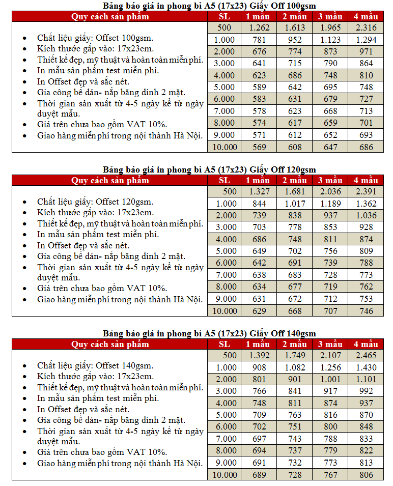 báo giá in phong bì A5 giá rẻ tại Hà Nội