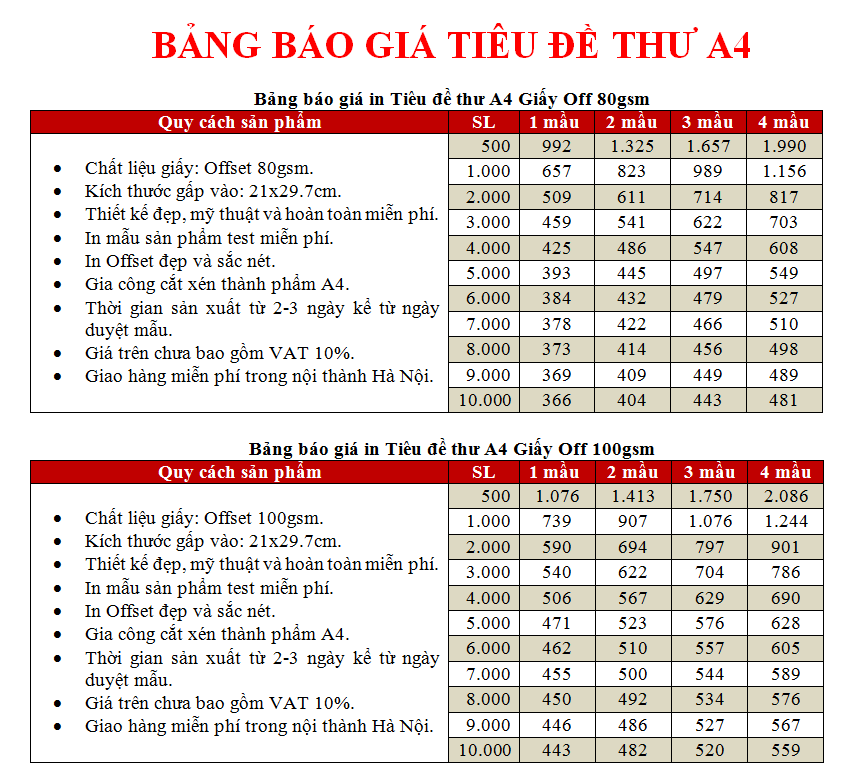 Báo giá in tiêu đề thư A4