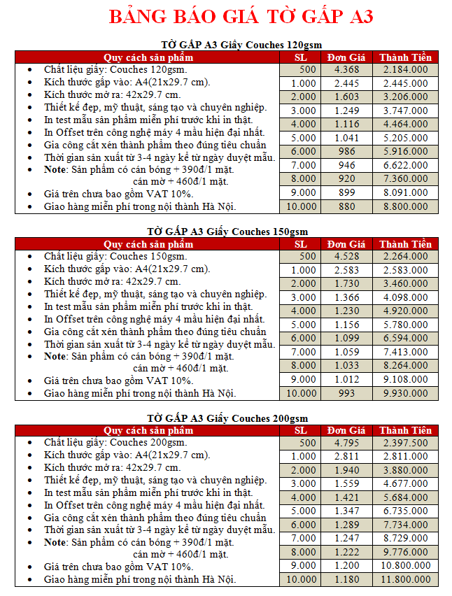 Báo giá in tờ gấp A3 giá rẻ