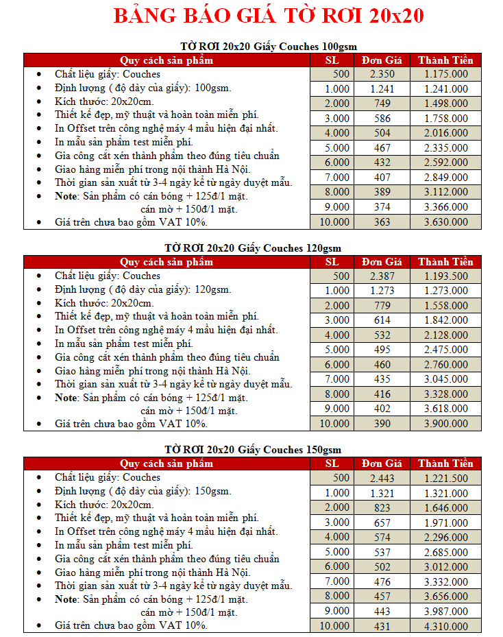 Báo giá in tờ rơi 10x20 cm