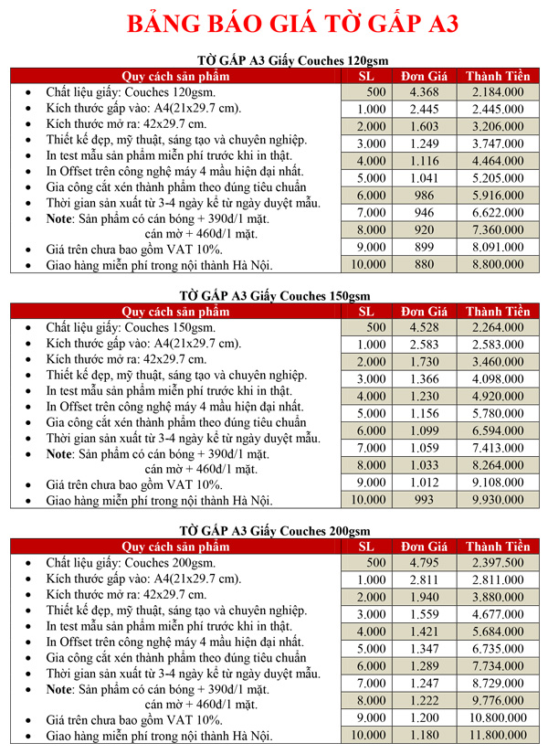 Báo giá in Tờ Gấp A3