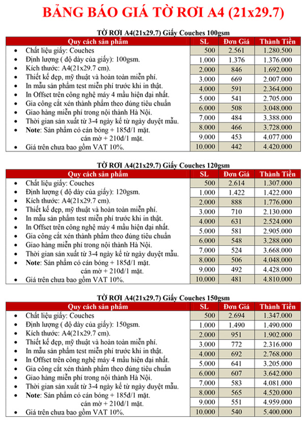 Báo giá in Tờ Rơi A4
