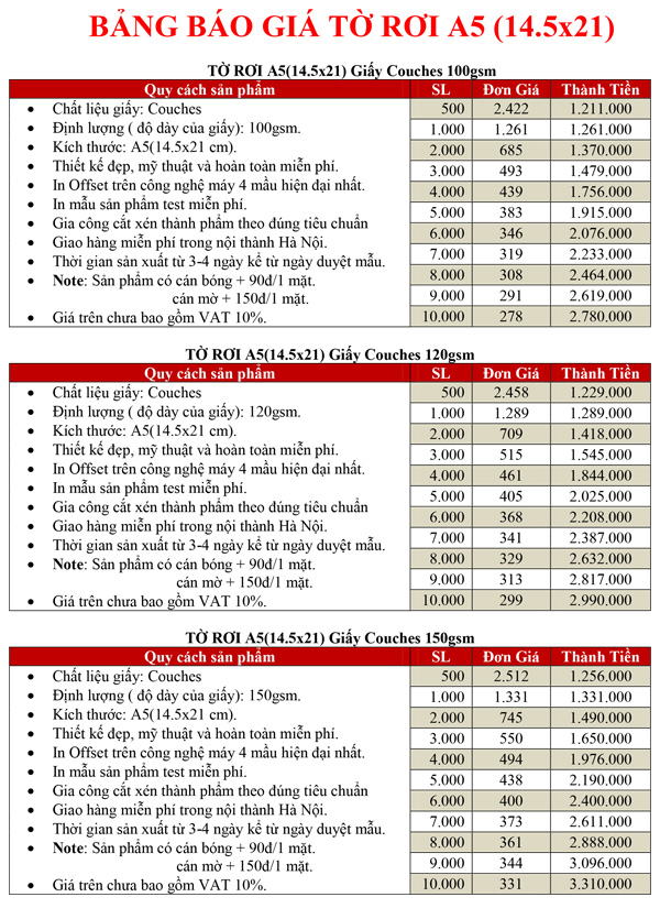 Báo giá in Tờ Rơi A5